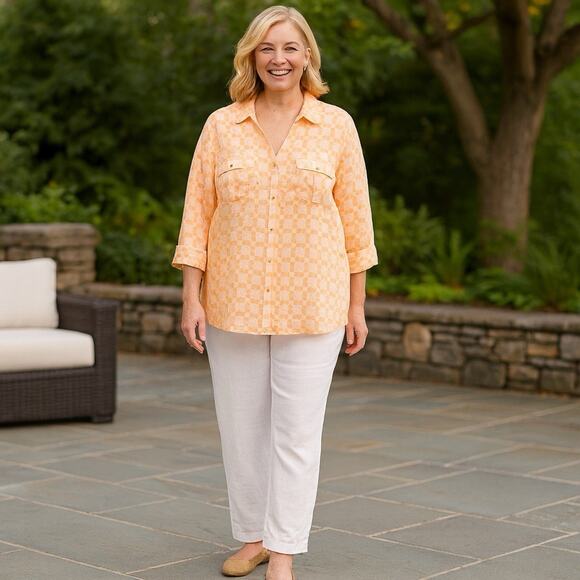Chico's Top Womens Sz 3 (XL) 100% Linen Leisure Tangerine Gold Fancy Button-Up - Picture 1 of 7